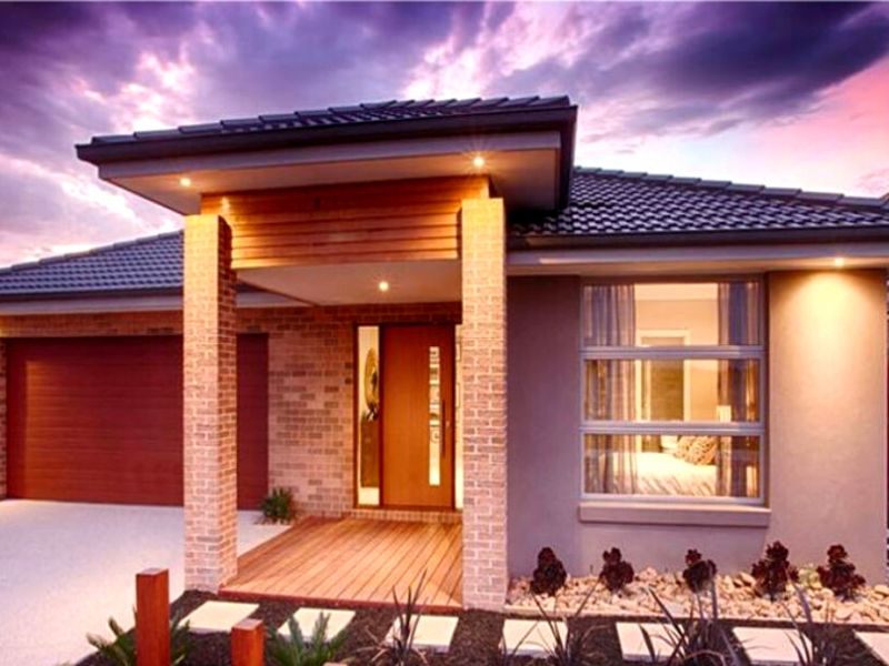 Alphine home design — single-storey façade with brick columns and timber-lined portico